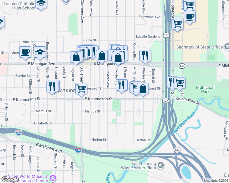 map of restaurants, bars, coffee shops, grocery stores, and more near 319 South Foster Avenue in Lansing