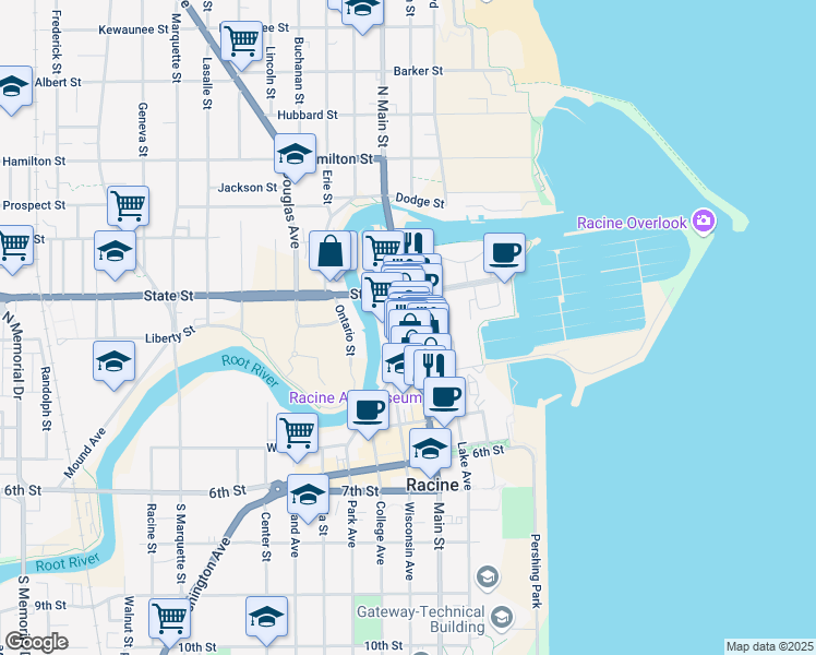 map of restaurants, bars, coffee shops, grocery stores, and more near 234 Wisconsin Avenue in Racine