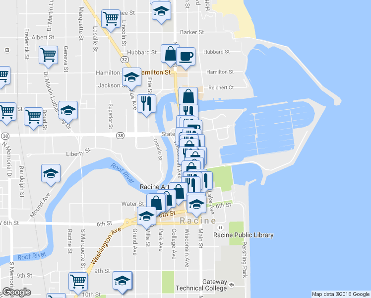 map of restaurants, bars, coffee shops, grocery stores, and more near 234 Wisconsin Avenue in Racine
