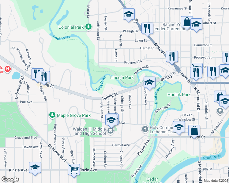 map of restaurants, bars, coffee shops, grocery stores, and more near 2416 Spring Street in Racine