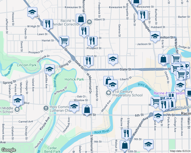 map of restaurants, bars, coffee shops, grocery stores, and more near 1402 Liberty Street in Racine