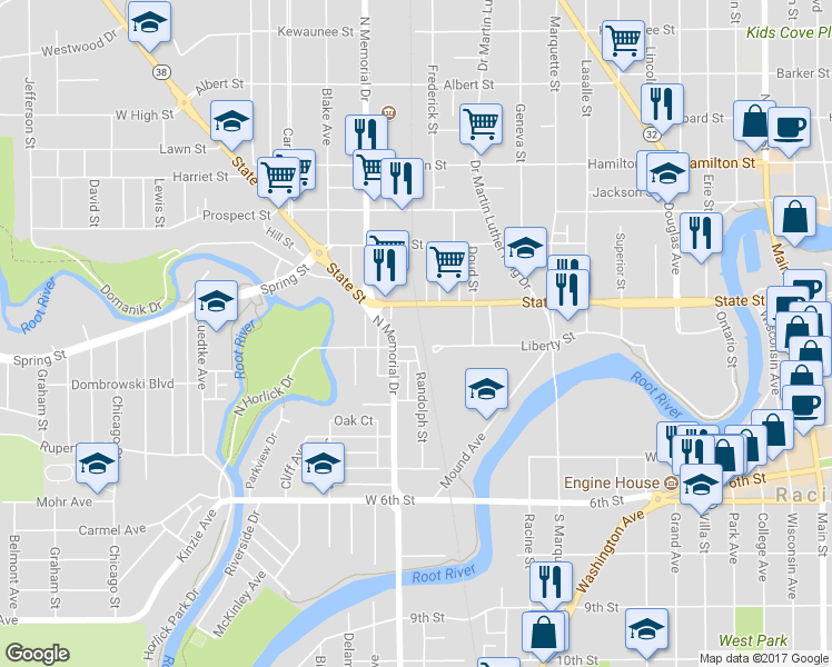 map of restaurants, bars, coffee shops, grocery stores, and more near 1402 Liberty Street in Racine