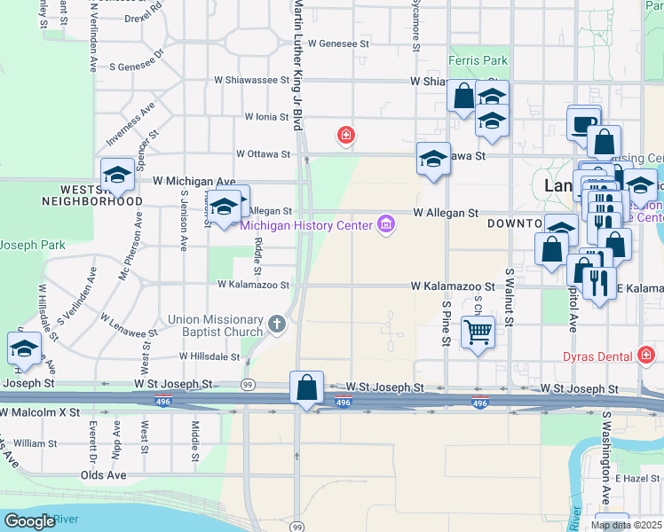 map of restaurants, bars, coffee shops, grocery stores, and more near 919 West Kalamazoo Street in Lansing