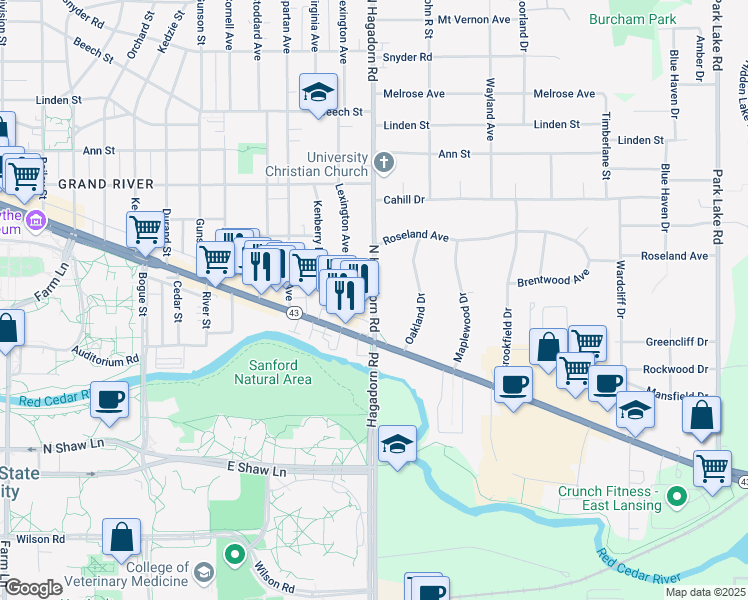 map of restaurants, bars, coffee shops, grocery stores, and more near 125 North Hagadorn Road in East Lansing