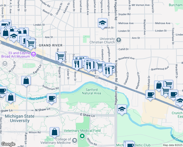 map of restaurants, bars, coffee shops, grocery stores, and more near 1215 Michigan 43 in East Lansing