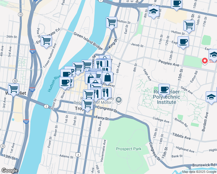 map of restaurants, bars, coffee shops, grocery stores, and more near 501 Broadway in Troy