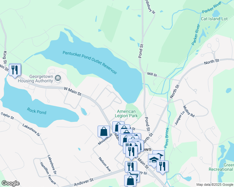 map of restaurants, bars, coffee shops, grocery stores, and more near 16 Bartlett Drive in Georgetown