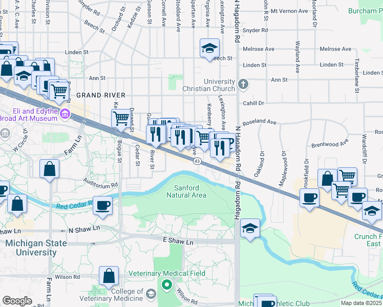map of restaurants, bars, coffee shops, grocery stores, and more near 1215 Michigan 43 in East Lansing
