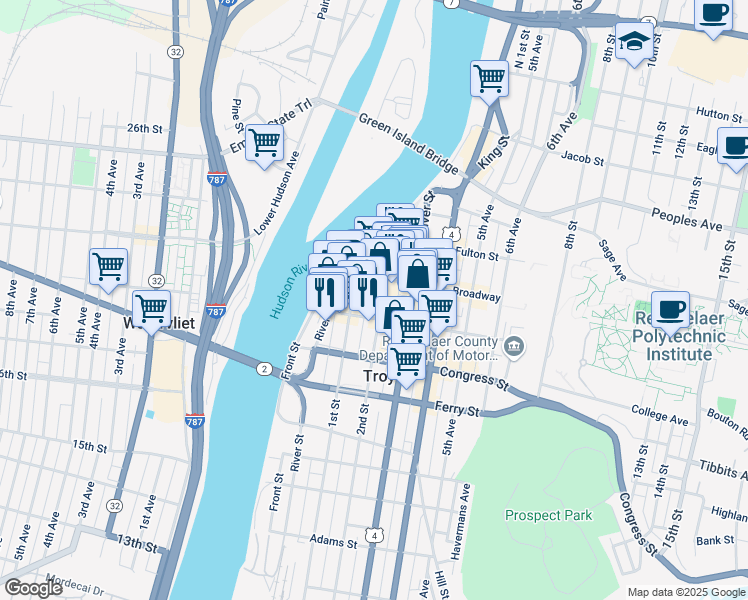 map of restaurants, bars, coffee shops, grocery stores, and more near 33 2nd Street in Troy