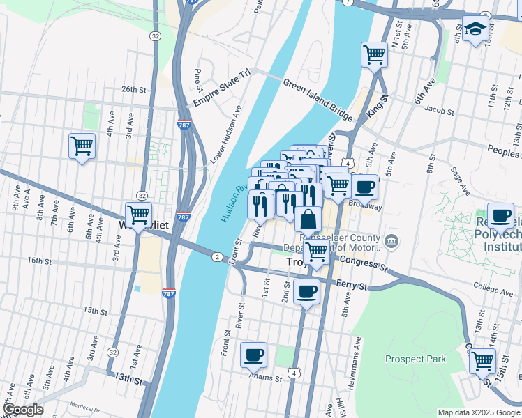 map of restaurants, bars, coffee shops, grocery stores, and more near 200 River Street in Troy