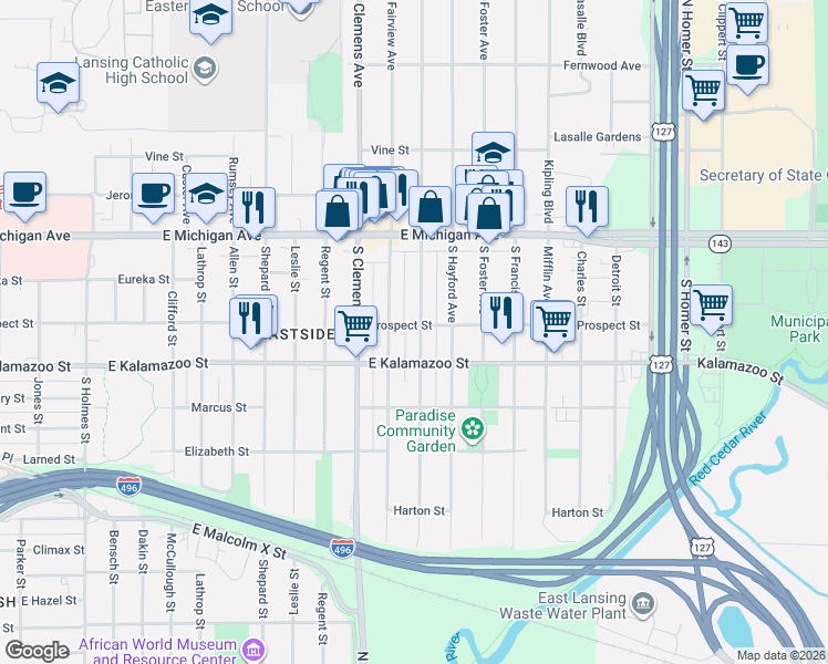 map of restaurants, bars, coffee shops, grocery stores, and more near 312 South Magnolia Avenue in Lansing