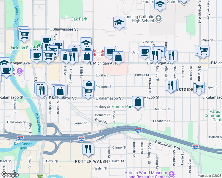 map of restaurants, bars, coffee shops, grocery stores, and more near 316 Jones Street in Lansing