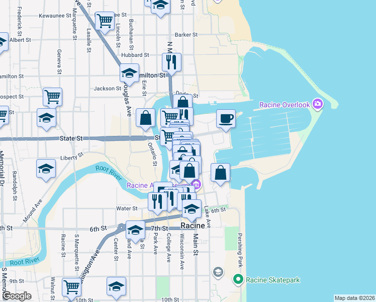 map of restaurants, bars, coffee shops, grocery stores, and more near 305 Main Street in Racine
