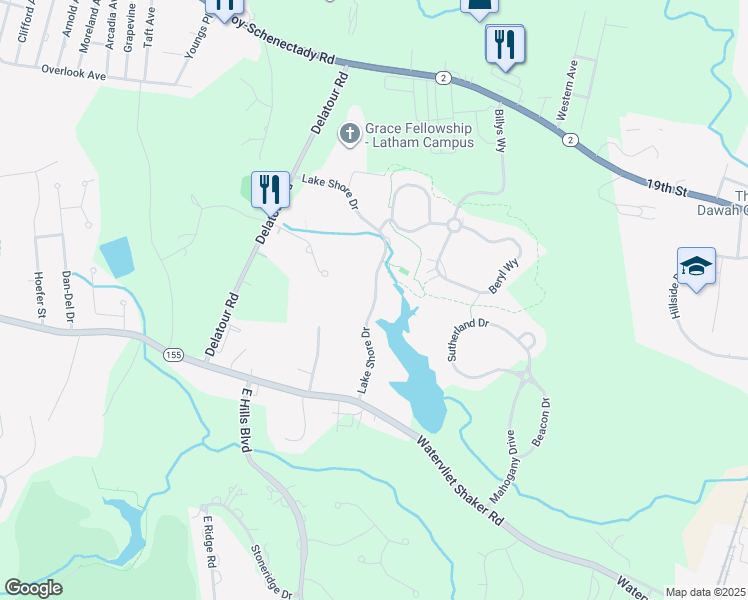 map of restaurants, bars, coffee shops, grocery stores, and more near 98 Lake Shore Drive in Watervliet