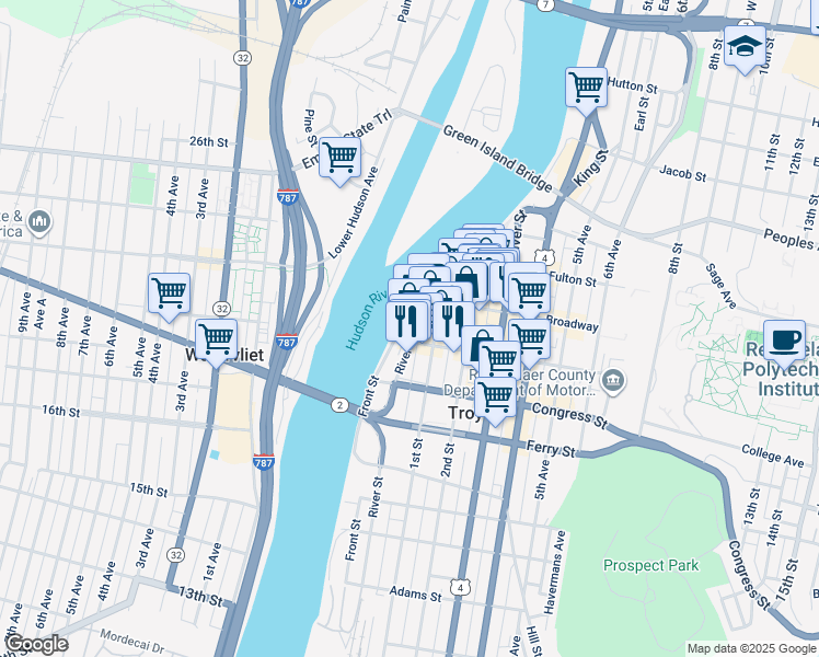 map of restaurants, bars, coffee shops, grocery stores, and more near 200 River Street in Troy