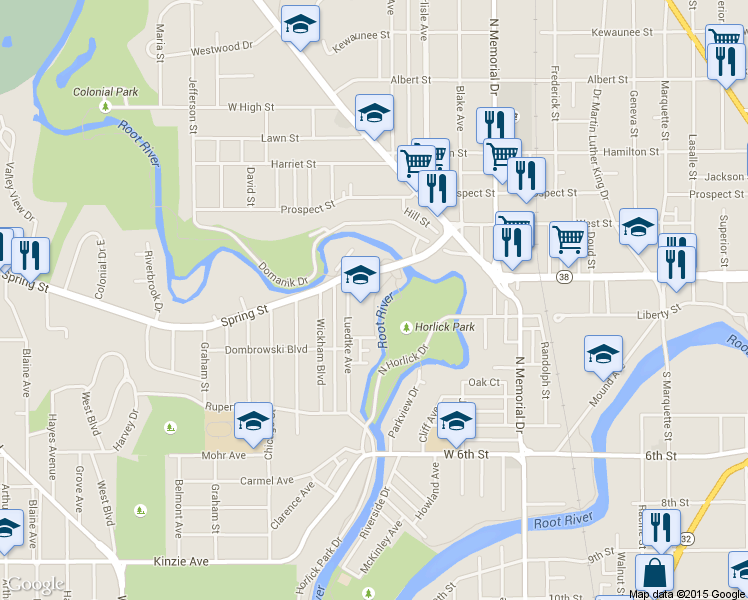 map of restaurants, bars, coffee shops, grocery stores, and more near Root River Pathway in Racine