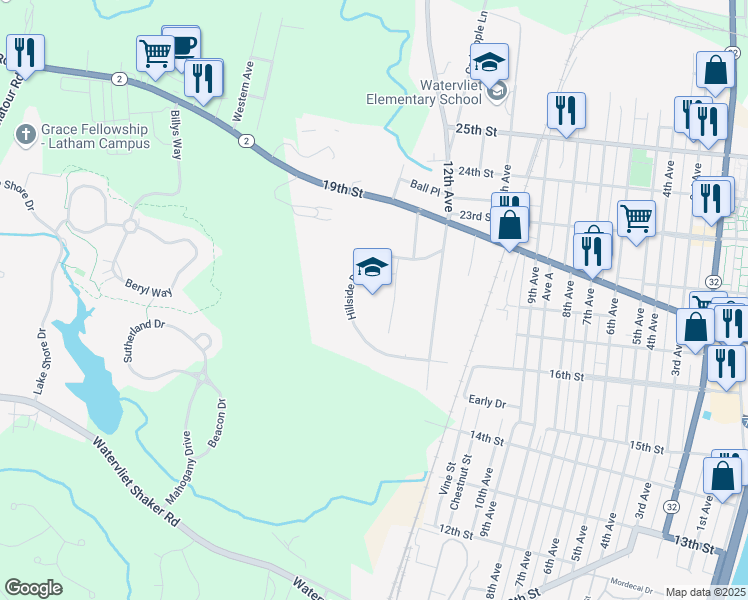 map of restaurants, bars, coffee shops, grocery stores, and more near 1245 Hillside Drive in Watervliet