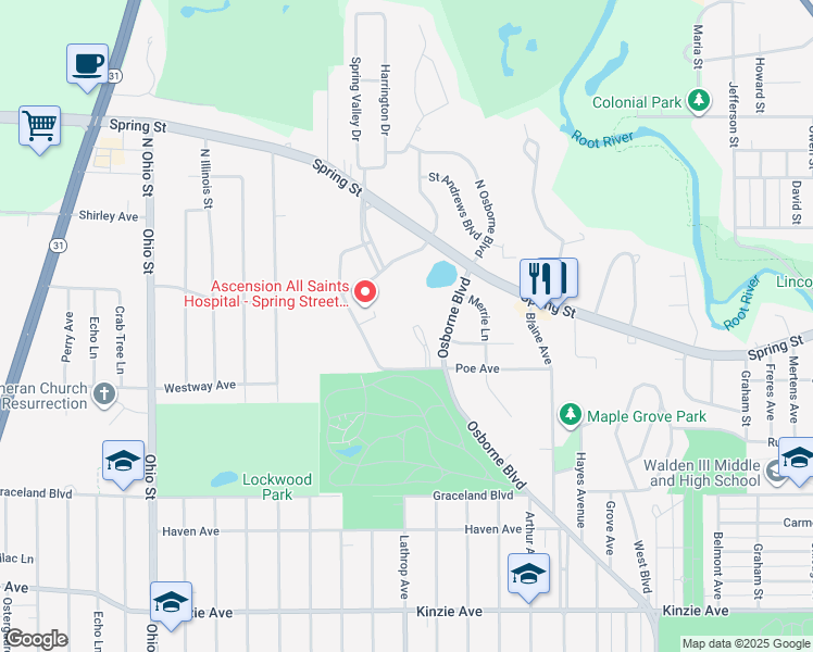 map of restaurants, bars, coffee shops, grocery stores, and more near in Racine