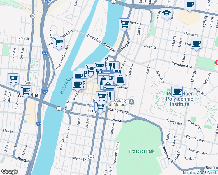 map of restaurants, bars, coffee shops, grocery stores, and more near 90 4th Street in Troy