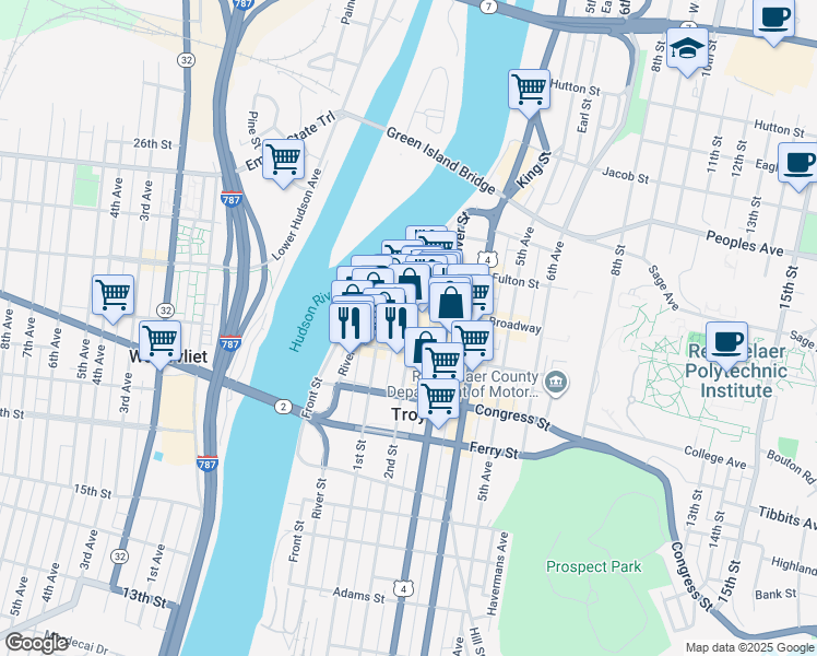 map of restaurants, bars, coffee shops, grocery stores, and more near 33 2nd Street in Troy