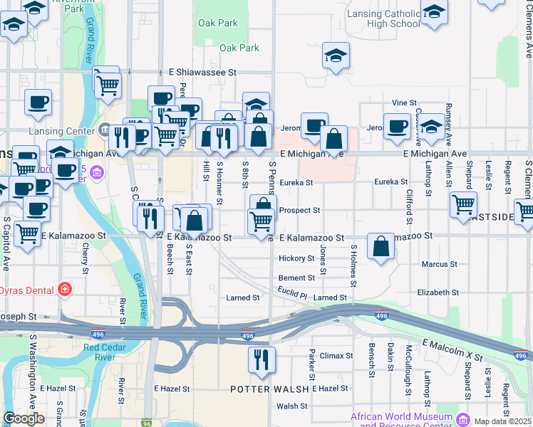 map of restaurants, bars, coffee shops, grocery stores, and more near 316 South Pennsylvania Avenue in Lansing