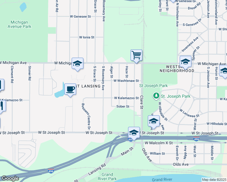 map of restaurants, bars, coffee shops, grocery stores, and more near 348 Alger Street in Lansing