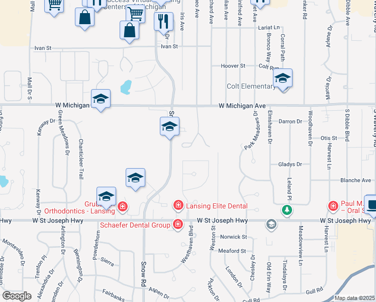 map of restaurants, bars, coffee shops, grocery stores, and more near 4808 Omar Drive in Lansing
