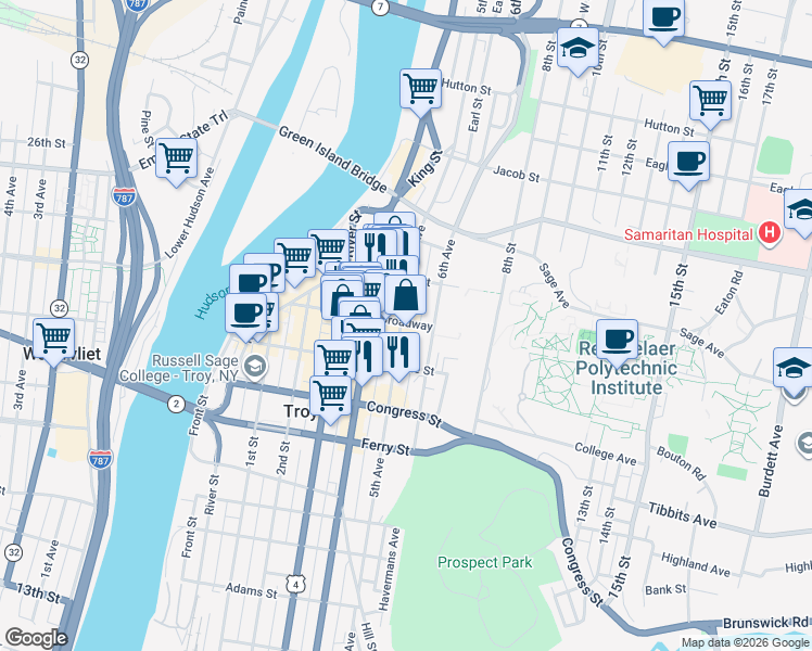 map of restaurants, bars, coffee shops, grocery stores, and more near 501 Broadway in Troy