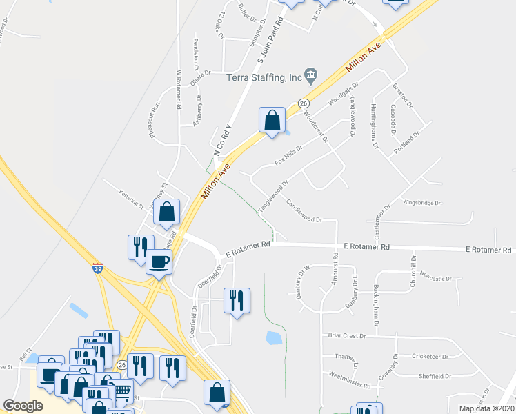 map of restaurants, bars, coffee shops, grocery stores, and more near 4103 Tanglewood Drive in Janesville