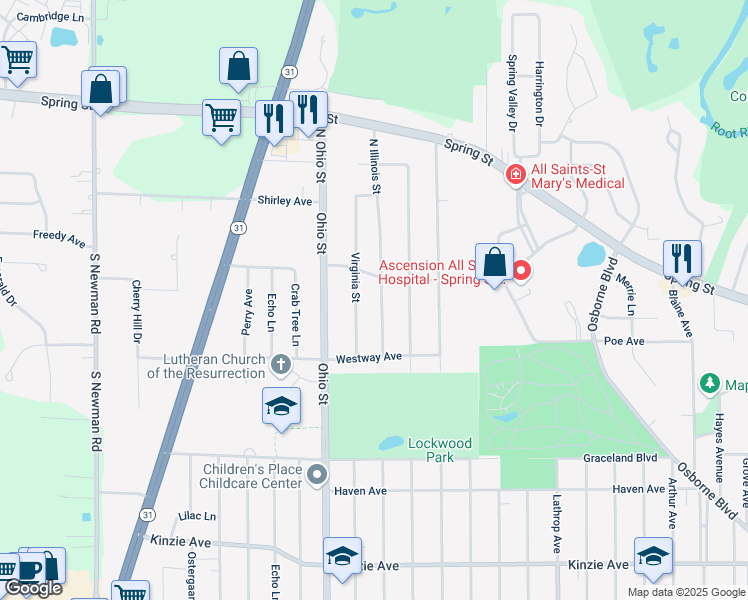 map of restaurants, bars, coffee shops, grocery stores, and more near 134 Illinois Street in Racine