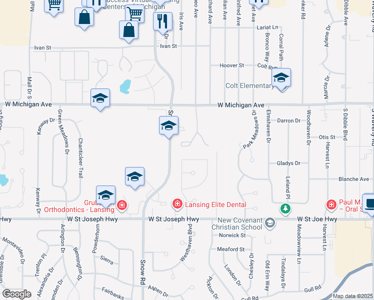 map of restaurants, bars, coffee shops, grocery stores, and more near 225 Spinnaker Drive in Lansing