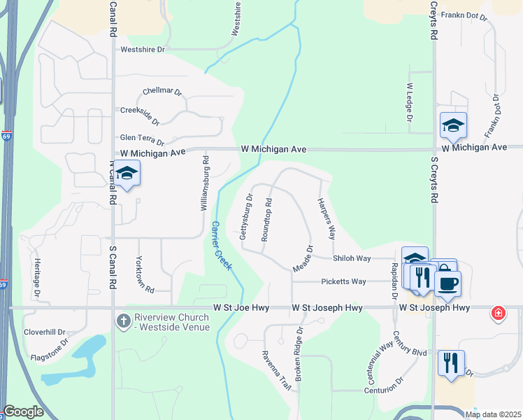 map of restaurants, bars, coffee shops, grocery stores, and more near 317 Roundtop Road in Lansing