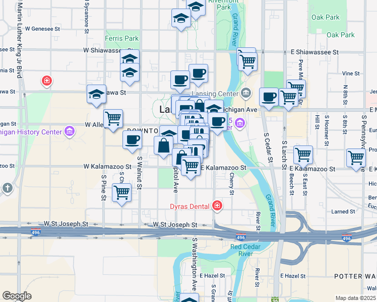 map of restaurants, bars, coffee shops, grocery stores, and more near 313 South Capitol Avenue in Lansing