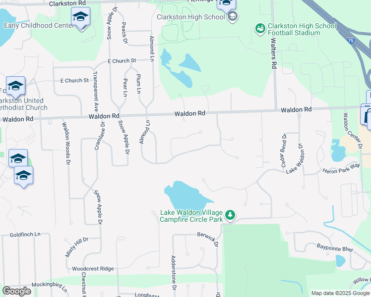 map of restaurants, bars, coffee shops, grocery stores, and more near 6357 Almond Lane in Clarkston