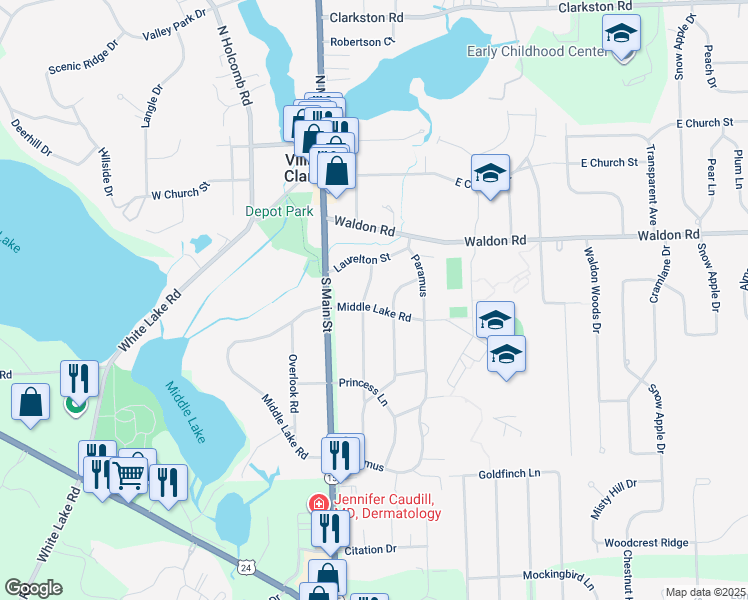 map of restaurants, bars, coffee shops, grocery stores, and more near 6364 Sunnydale Road in Clarkston