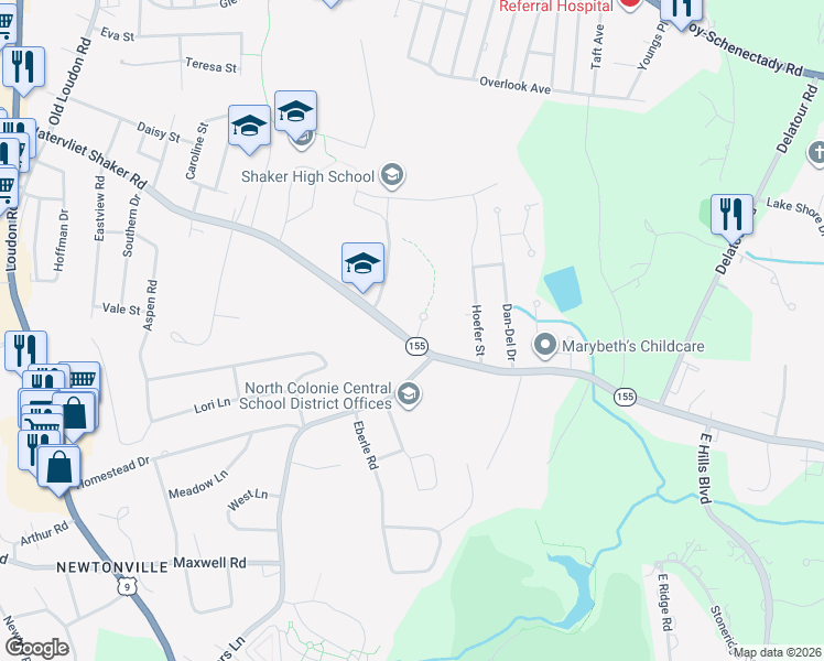 map of restaurants, bars, coffee shops, grocery stores, and more near 429 Watervliet Shaker Road in Latham