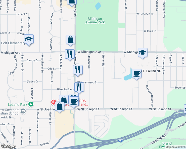 map of restaurants, bars, coffee shops, grocery stores, and more near 345 Clement Road in Lansing