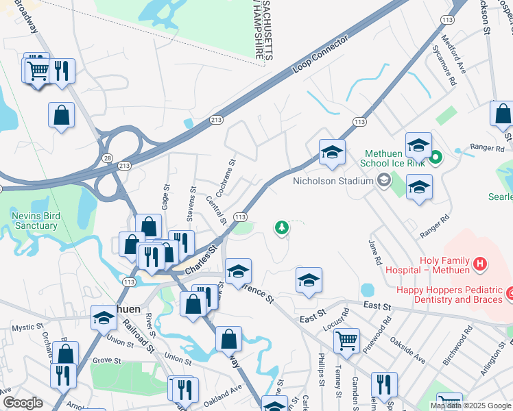 map of restaurants, bars, coffee shops, grocery stores, and more near 3 Vine Street in Methuen