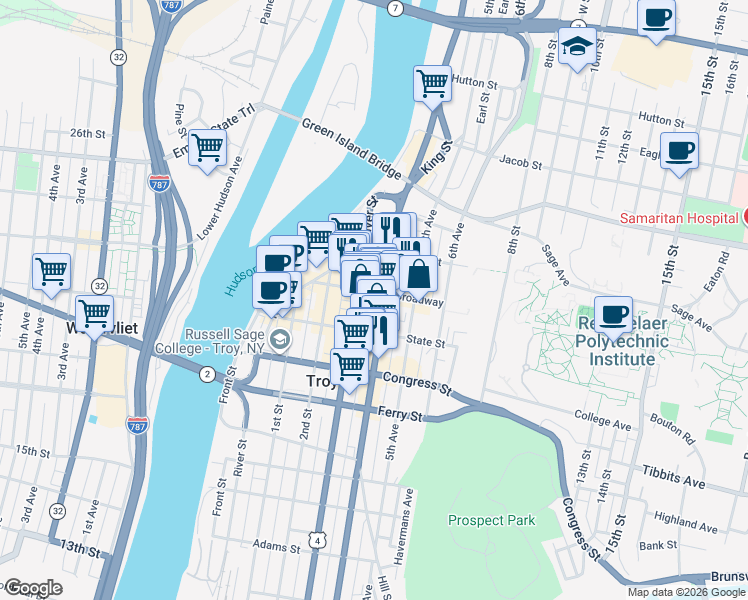 map of restaurants, bars, coffee shops, grocery stores, and more near 90 4th Street in Troy