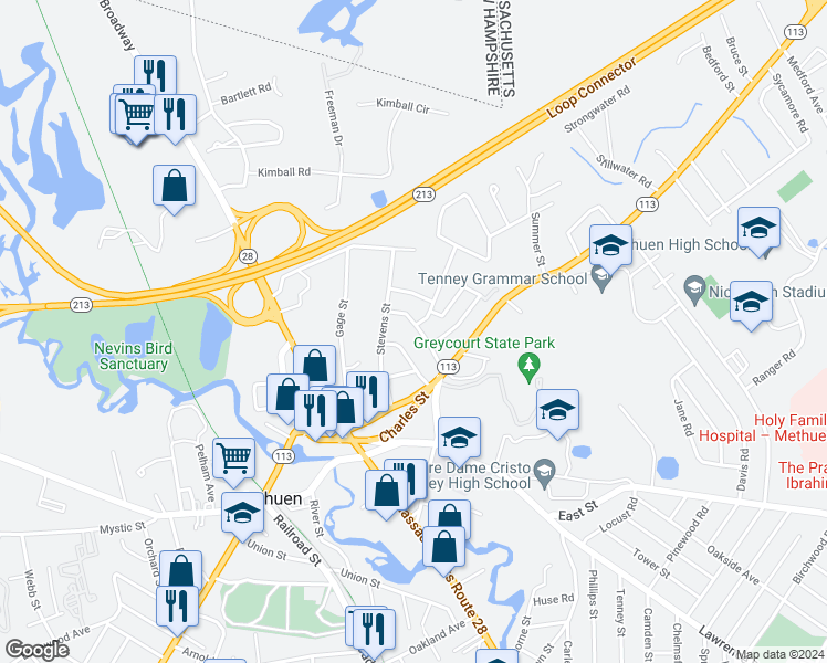 map of restaurants, bars, coffee shops, grocery stores, and more near 14 Central Street in Methuen