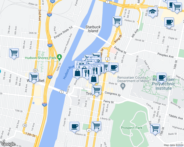 map of restaurants, bars, coffee shops, grocery stores, and more near 33 2nd Street in Troy
