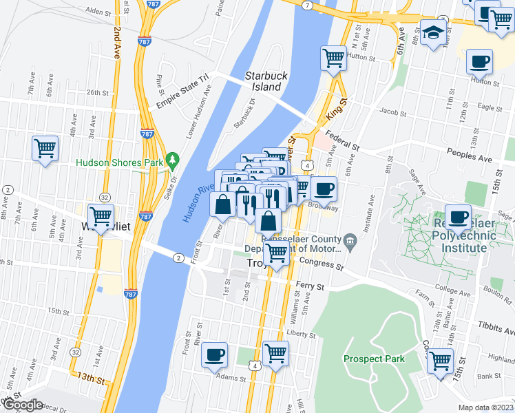 map of restaurants, bars, coffee shops, grocery stores, and more near 33 2nd Street in Troy