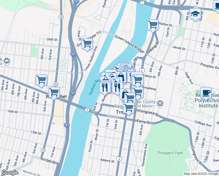map of restaurants, bars, coffee shops, grocery stores, and more near 200 River Street in Troy