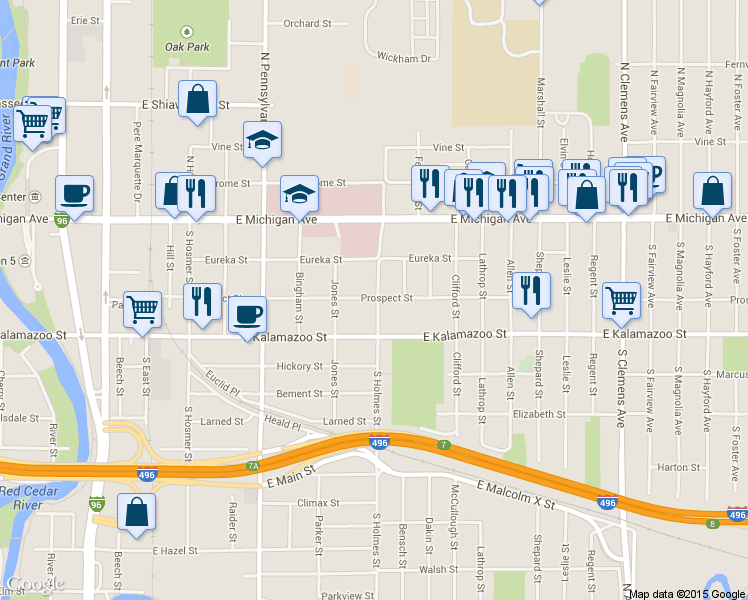map of restaurants, bars, coffee shops, grocery stores, and more near 315 South Holmes Street in Lansing