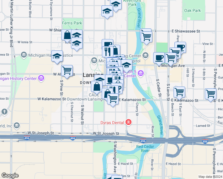 map of restaurants, bars, coffee shops, grocery stores, and more near 313 South Capitol Avenue in Lansing
