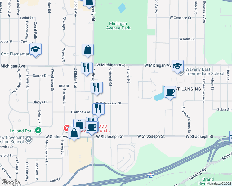 map of restaurants, bars, coffee shops, grocery stores, and more near 345 Clement Road in Lansing