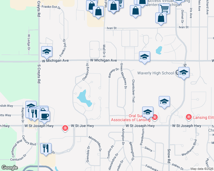 map of restaurants, bars, coffee shops, grocery stores, and more near 325 Kenway Drive in Lansing