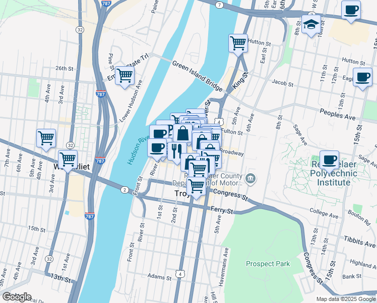 map of restaurants, bars, coffee shops, grocery stores, and more near 63 3rd Street in Troy
