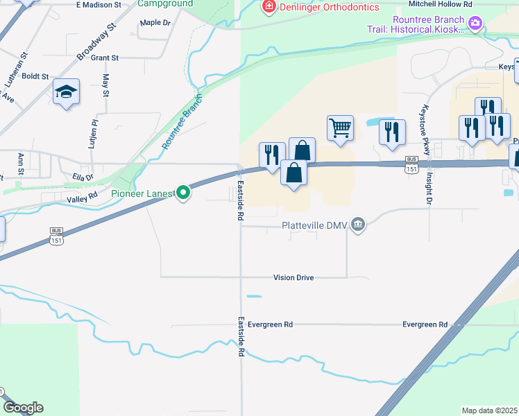 map of restaurants, bars, coffee shops, grocery stores, and more near 1425 U.S. 151 Business in Platteville