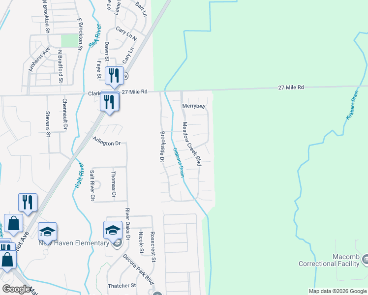 map of restaurants, bars, coffee shops, grocery stores, and more near 33130 27 Mile Road in New Haven